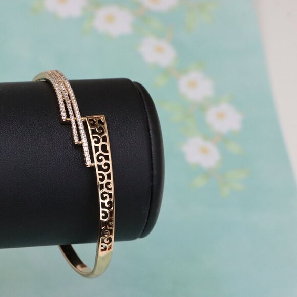 Rose Gold Bangle with Cutout Scroll Design and Triple Row Stones, XPBL0526 - Picture 8 of 12